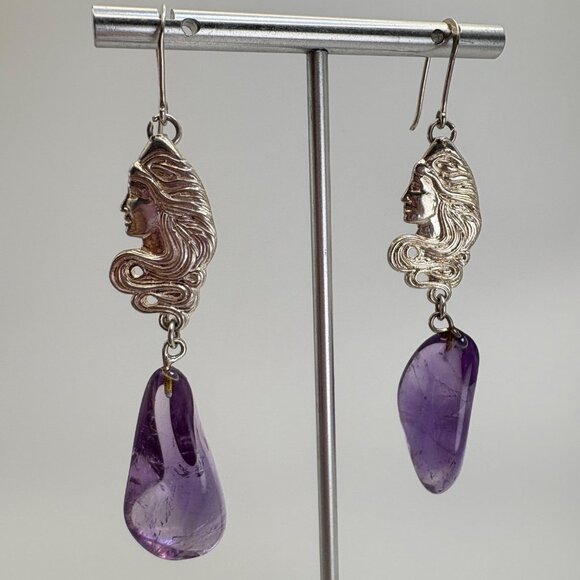 Sterling Silver 925 Amethyst Nugget Victorian Lady Dangle Earrings 3" Length - Picture 3 of 15